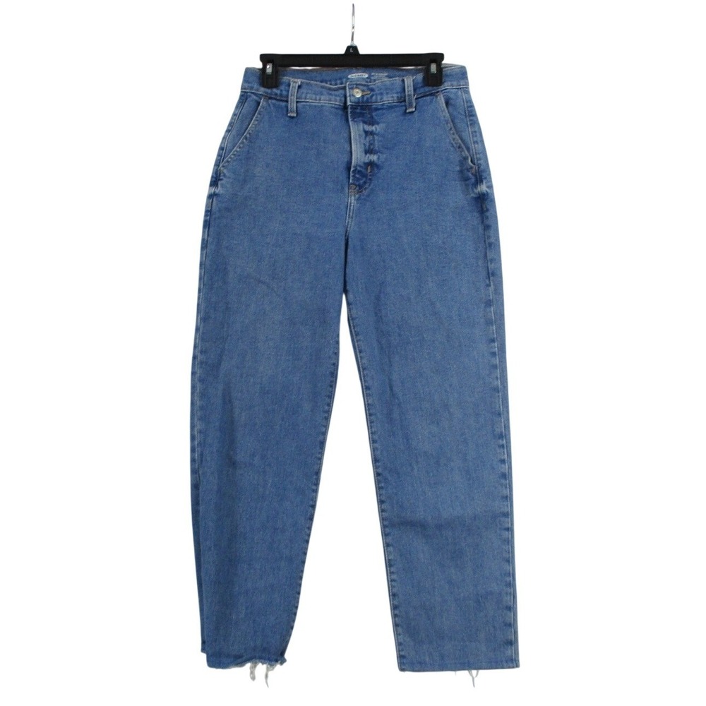 Old Navy Sky-Hi Straight Jeans Extra High Waisted Button Fly Raw Hem Blue Denim